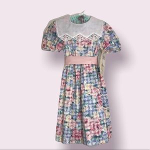 NWT VTG Rare Editions Girls Sz 4 Floral print Lace collar Bow tie Summer dress